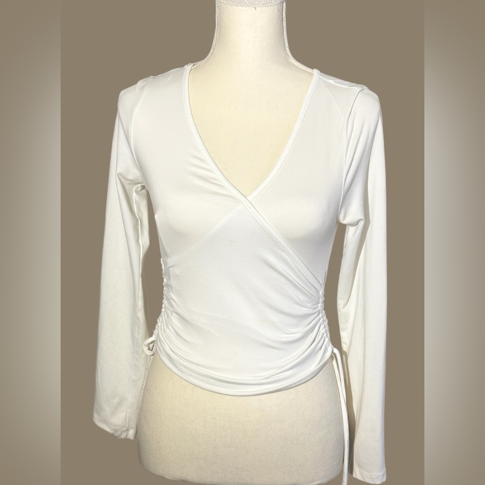 Cream Wrap Blouse with Ruched Long Sleeves